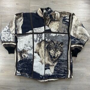 VTG Ann Maurice Tapestry Women Jacket Wolf Animal Print Woven Cardigan